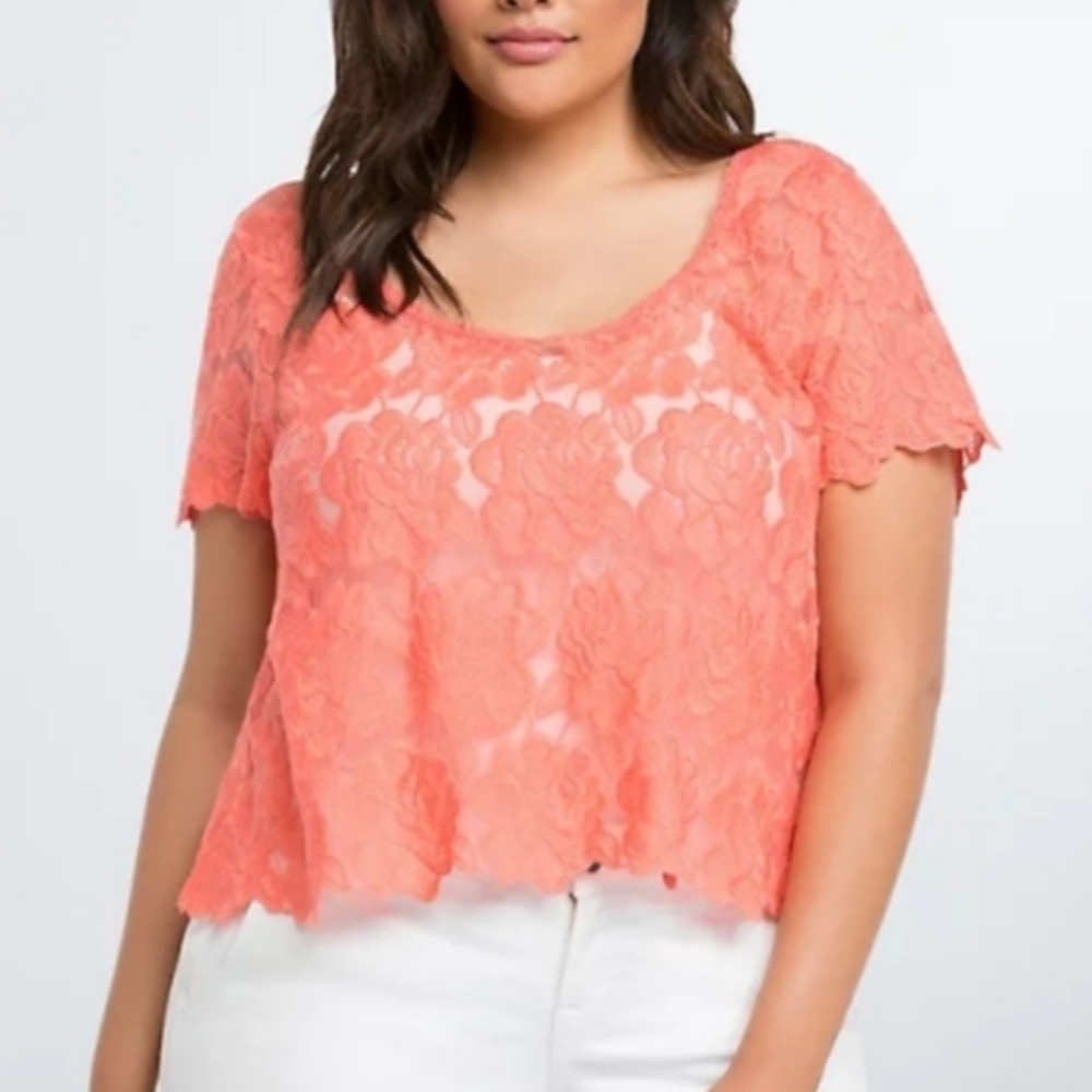 Torrid Sheer Romantic Embroidered Floral Coral Crop Top Plus Size 0X Boho Summer